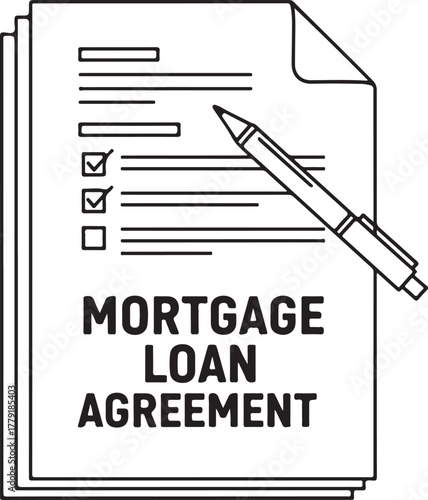 Mortgage loan agreement document with pen, financial contract concept, minimalist line art, isolated on white background.