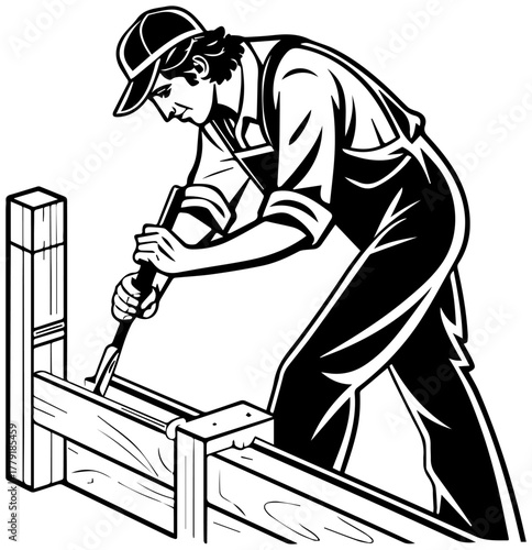 Carpenter Silhouette Hammering Wood – Manual Labor Vector