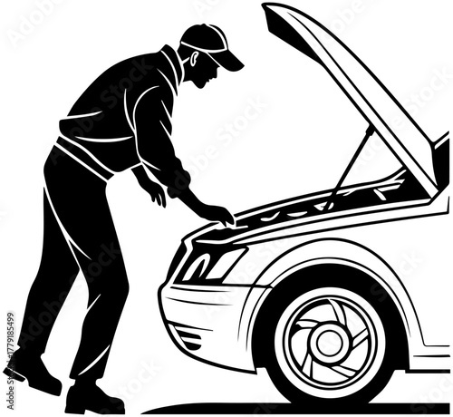 Silhouette of Mechanic Inspecting Car Engine – Auto Repair Vector