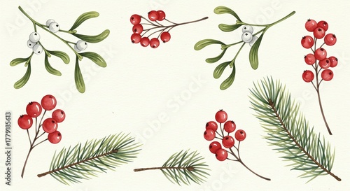 Watercolor Christmas botanical elements: mistletoe, berries, and pine branches