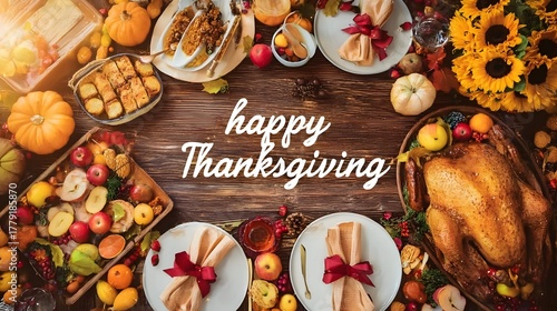 White “Happy Thanksgiving” script overlays golden-brown roast turkey centerpiece on table overflowing with fall dishes, warm amber tones