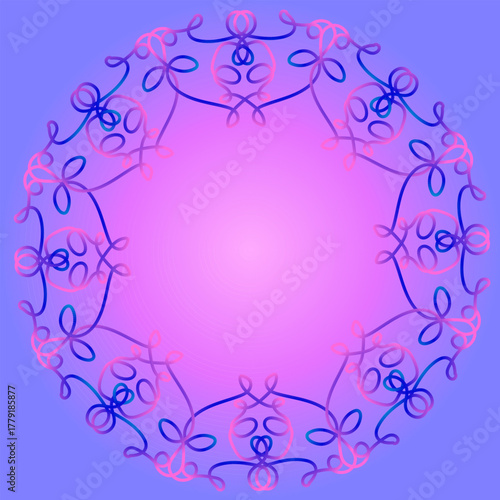 A blue and pink background with an abstract circular pattern. A beautiful frame drawn in a linear style.