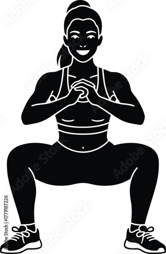 Wide Squat Silhouette Vector – Female Athlete in Deep Squat Pose for Strength, Fitness & Lower Body Training Branding