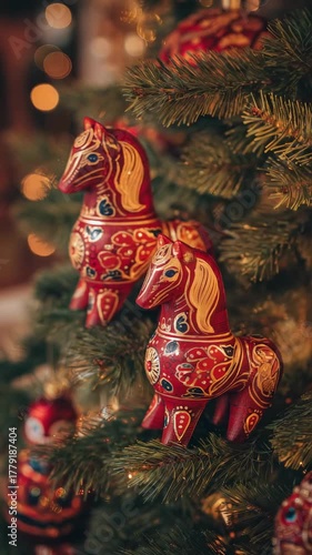 Beautiful traditional ornaments of red wooden horses decorated for the holiday season in a cozy setting