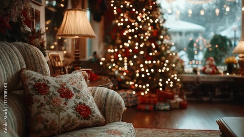 Cozy living room adorned for Christmas with a beautifully decorated tree and glowing lights