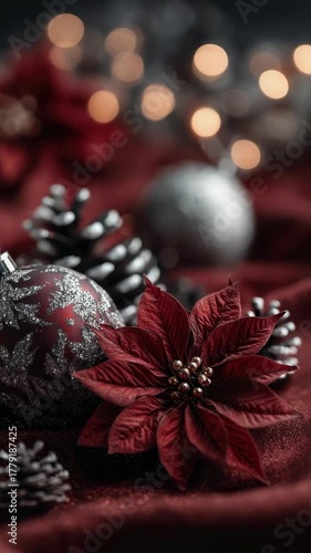 Celebrate the holiday spirit with festive decorations featuring red poinsettias, silver ornaments, and pine cones in a cozy setting