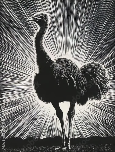 Unique artistic representation of an ostrich shown with bold patterns and striking contrast in a vibrant background