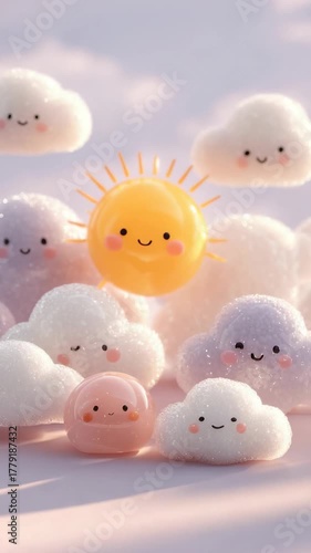 Cute animated clouds and smiling sun create a joyful scene in a bright sky with pastel colors and happy expressions