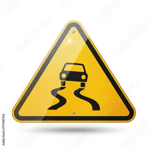 Yellow triangular warning sign with skidding car symbol. Alerts drivers to slippery road conditions, urging caution on wet, icy, or loose surfaces for better road safety