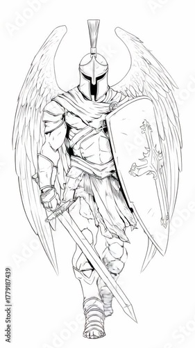 Warrior angel in detailed armor walks confidently with sword and shield in a fantasy setting depicting strength and valor