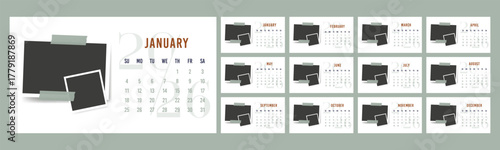 2026 year english calendar set of template monthly horizontal pages. Blank photo frame collage design planner week starts on Sunday. 