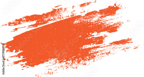 Bright orange abstract paint brush stroke texture with rough edges and white negative space background