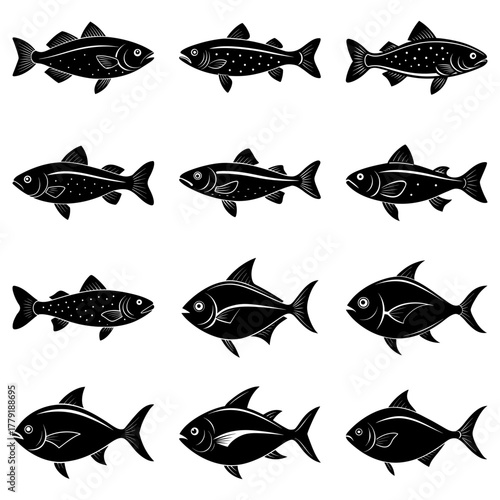 Elegant collection of stylized fish silhouettes, perfect for seafood branding, nautical designs, restaurant menus, and creative aquatic themes originally vector graphics