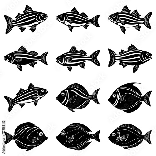 Striking collection of diverse fish designs, perfect for nautical themes, seafood promotions, or nature illustrations with unique, stylized aquatic animals