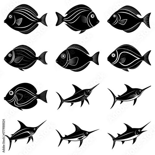 Whimsical ocean life! Adorable school of fish swimming together in a playful design, great for kids projects and nautical themes, originally scalable vector graphic