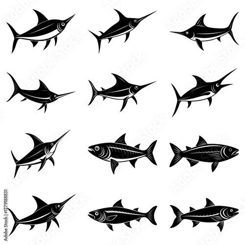 Striking Swordfish Silhouette Collection: Dynamic Marine Wildlife Illustrations for Aquatic Projects, Fishing Designs, and Ocean Conservation Campaigns
