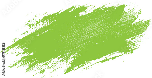 Bright green paint brush stroke with splatter and textured lines on white background vector