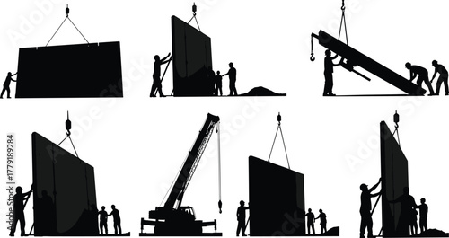 Silhouette vector illustration of construction workers installing large wall panels with crane, teamwork, safety, building process, engineering, architecture, labor, and industry