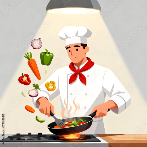 Dynamic illustration of a professional male chef joyfully cooking, tossing a colorful stir-fry of fresh vegetables in a wok