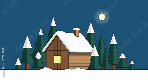 Cozy flat vector illustration of a wooden cabin in a snowy pine forest under a full moon and starry winter night sky