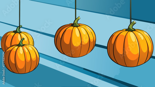 Four bright orange pumpkins with green stems are suspended by thin black strings against a cool blue background with diagonal lines