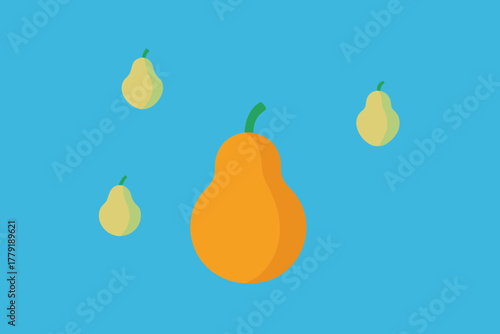 A vibrant illustration featuring a large orange pear as the focal point surrounded by three smaller pale yellow pears against a bright blue background