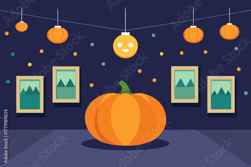 Whimsical halloween scene featuring a large pumpkin and festive string lights in a dark room with artwork