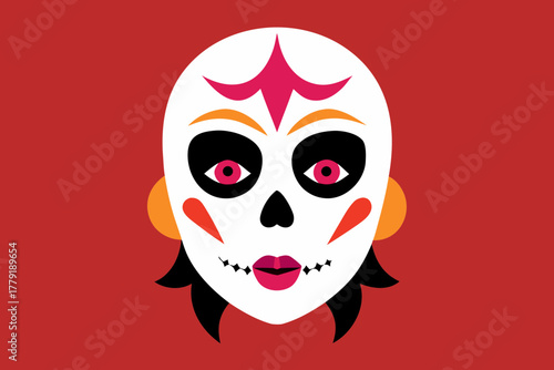A vibrant and stylized illustration of a sugar skull face with bold colors and intricate details against a solid red background