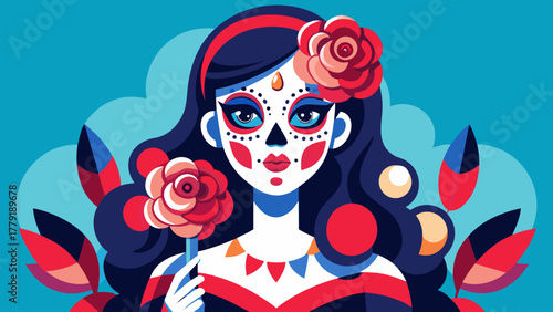 Vibrant sugar skull woman with roses and feathers celebrates day of the dead traditions