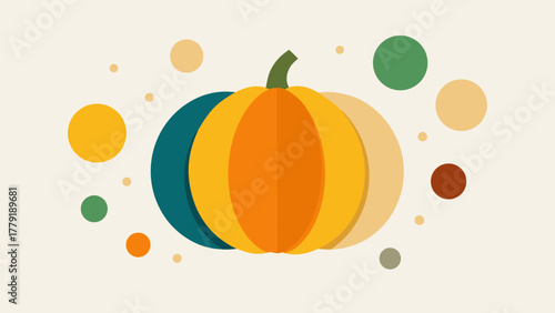 Modern flat design pumpkin with colorful circles evokes autumnal vibes and festive spirit