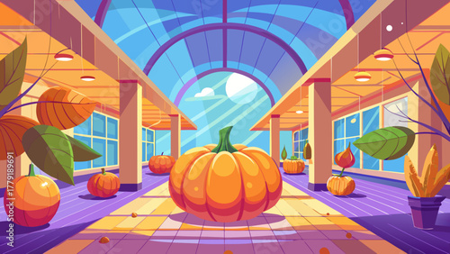 Vibrant autumn harvest display featuring large pumpkins under a sunlit conservatory with modern architecture and lush greenery