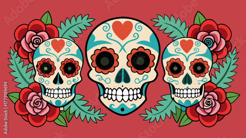 Vibrant sugar skulls adorned with hearts and flowers celebrating day of the dead traditions