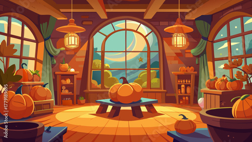 Cozy autumn harvest room filled with pumpkins under a large crescent moon and starry night sky