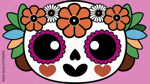 Whimsical sugar skull decorated with colorful flowers and leaves on a soft pink background