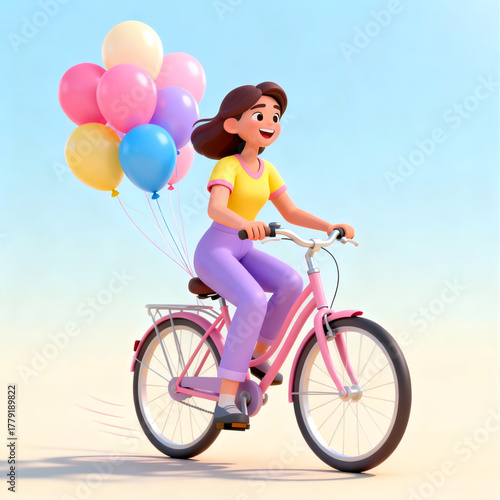 Joyful woman with a bunch of colorful balloons cycling on a bicycle on a sunny day
