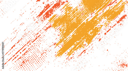 Orange and yellow abstract paint splatters and streaks on a white background with halftone dots vector