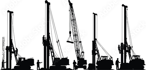 Silhouette vector illustration of construction workers operating pile drivers and crane, heavy machinery, building foundations, teamwork, engineering, architecture, safety, labor, and industry