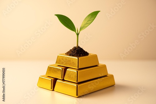 Sustainable Investment Concept: Green Plant Growing on Gold Bars