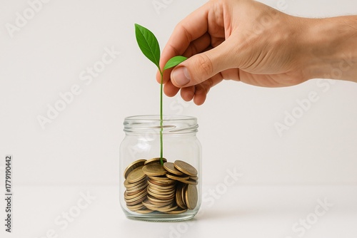Sustainable Investment Concept: Growing Plant in Coin Jar