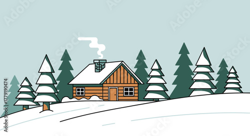 Flat vector illustration of a traditional wooden cabin nestled in a snowy pine forest on a bright winter day landscape