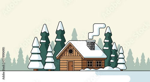 Flat vector illustration of a traditional wooden cabin nestled in a snowy landscape with clear sky and minimal winter scene
