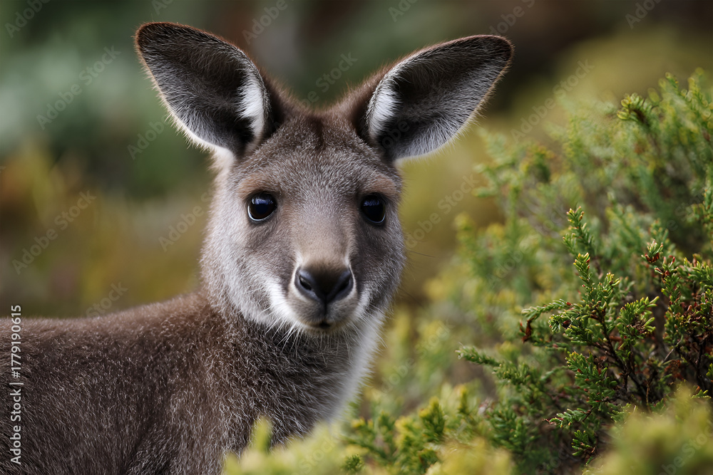 Fototapeta premium Young kangaroo standing among lush greenery in natural habitat