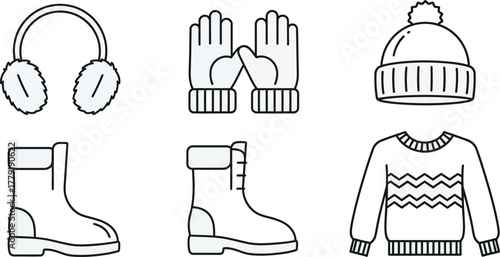 Set of hand-drawn vector outline winter clothing and accessories icons including hat, mittens, boots, and headphones