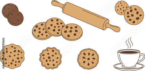 Cozy vector set of hand-drawn winter baking elements including cookies, chocolate chips, rolling pin, and dessert