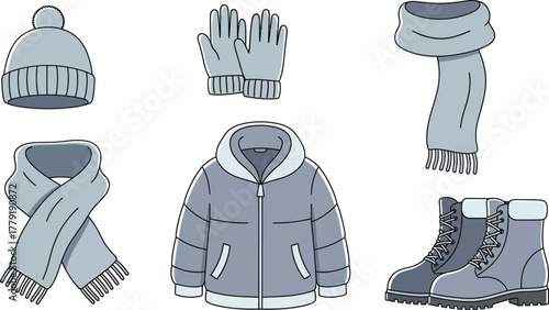 Set of hand-drawn vector winter clothing and accessories including jacket, scarf, gloves, boots, and hats for cold weather