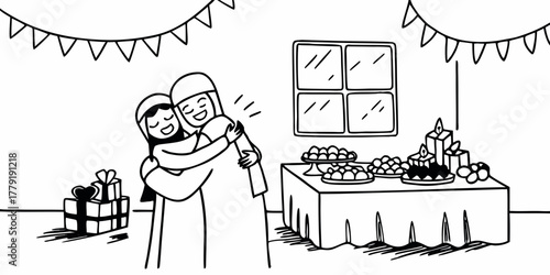 Two people hugging in a decorated room with gifts and food on a table under a window and bunting above
