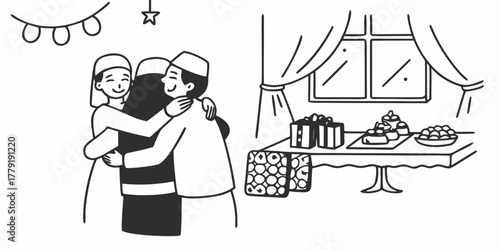 Muslim family celebrating eid with hugs and gifts on a table with sweets and decorations hanging