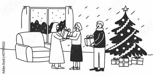 People exchanging gifts near a christmas tree with snow falling outside a window and a chair present