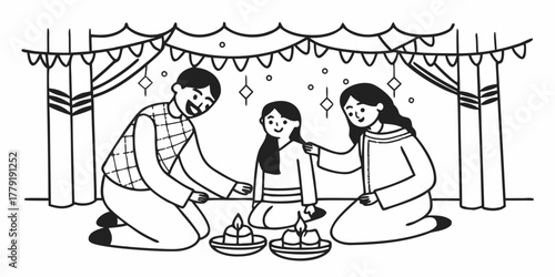 Family celebrating with candles under a decorated canopy in a monochrome line drawing style illustration