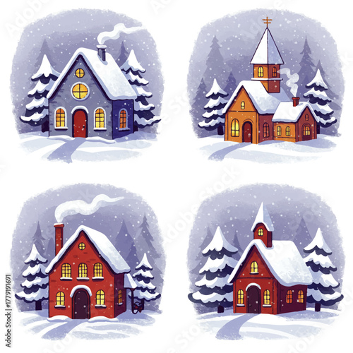 Four cozy, snow-covered buildings with chimneys, nestled among wintery evergreen trees.